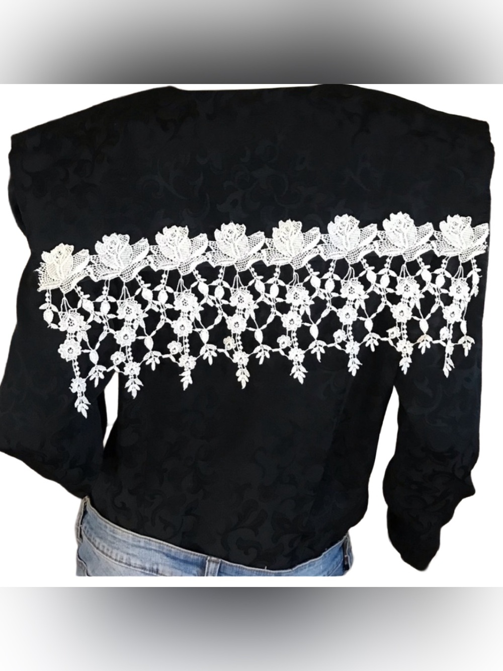 VINTAGE 1990'S IN THE MOOD BLACK BROCADE AND WHITE CROCHET LACE BLOUSE (14) - Picture 3 of 10